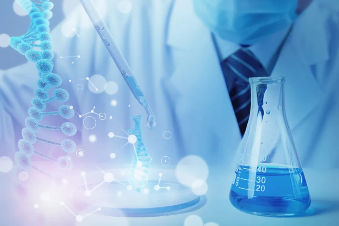Conceptual image of DNA double helix and laboratory research