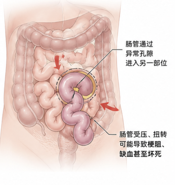 Anatomical illustration of internal hernia showing intestinal loops passing through an abnormal peritoneal defect into another compartment, causing compression, torsion, and risk of ischemia or necrosis