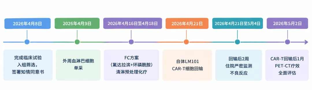 Overall CAR-T treatment timeline from trial enrolment and apheresis to lymphodepletion, infusion, monitoring and one-month efficacy assessment